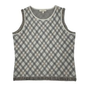 Etcetera Plaid Fringe Trimmed Sweater Vest Cream Taupe & Black Size Medium